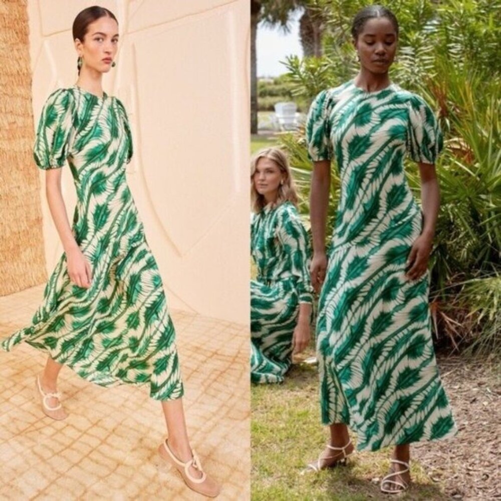 Ulla Johnson Ines Acacia Green Puff Sleeve Printed Silk Midi Dress Size 0